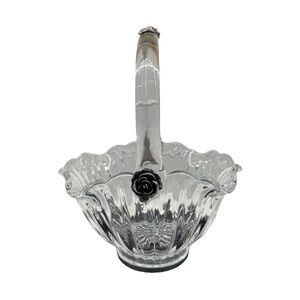 Vintage MCM Clear Crystal Ruffled Style Basket w/ Applied Pewter Rose Accents